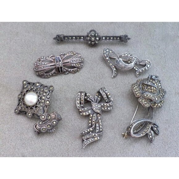 6 Vintage STERLING Silver MARCASITE BROOCHES 3 Judith Jack - Bow Rose Hearts Bar - Picture 1 of 8